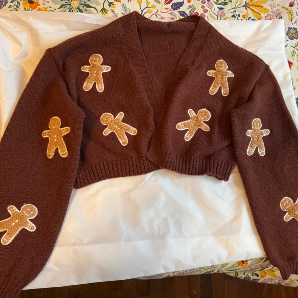 Brown Gingerbread Patch Chunky Knit Cardigan Sweater - Picture 4 of 4